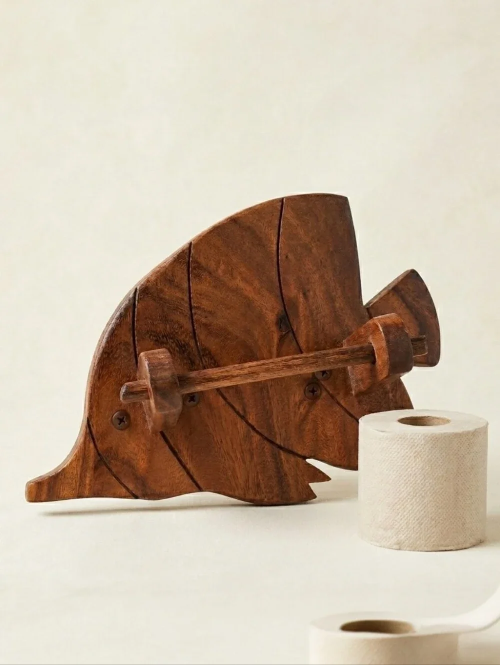 Vintage Hand-Carved Hardwood Angelfish Toilet Paper Holder - Island Decor